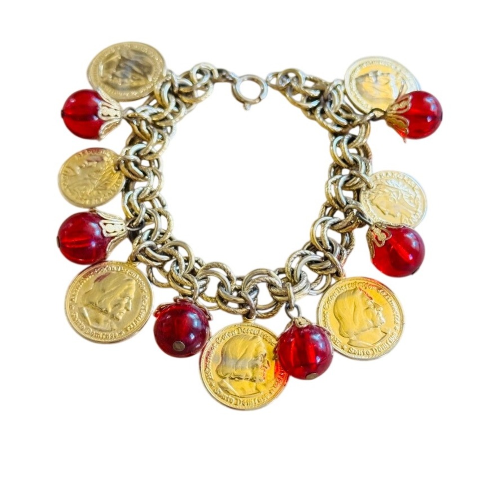 Charm Bracelet VtG Coin Statement Dangle Gold Plated Chunky Lucite Red 70s 7.5"